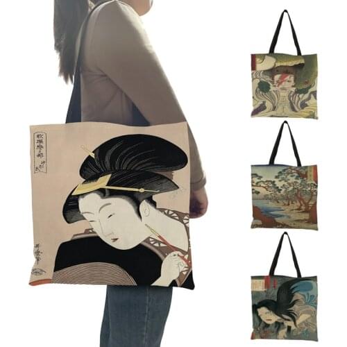 Eco Supermarket Shopping Bag Japanese Ukiyoe Style Tote Bag Women Casual Shoulder Bag Leisure Outdoor Beach Bags Handbag