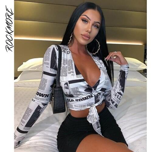 Rockmore Newspaper Letter Print Women T Shirt Deep V-neck Sexy Tees Shirts Long Sleeve Crop Top Streetwear Basic Tshirt Womens