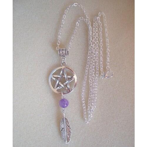 HOT !!! Fashion Jewelry Vintage Purple bead Pentagram Feather Charms Statement Sweater Chain Necklace Pendant jewelry-78