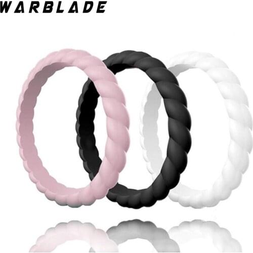 New 3mm Food Grade FDA Braided Silicone Ring Hypoallergenic Crossfit Flexible Twist Rubber Finger Ring For Women Wedding Rings