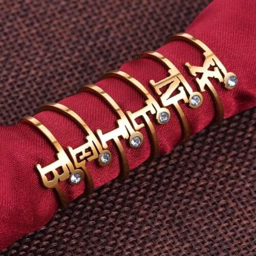 New Trendy Gold Color Crystal ABC Letters Open Ring for Women Simple Initial A-Z Metal Adjustable Name Ring Party Xmas Gift
