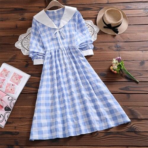 Mori girl cute sweet plaid dress Japan style autumn fashion new arrival bow long sleeve women casual vestidos