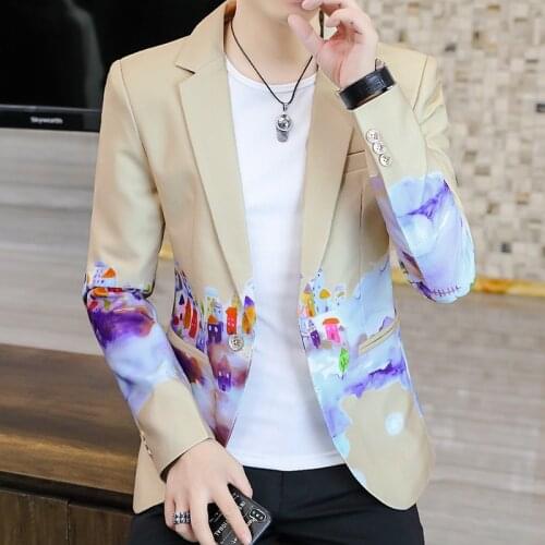 2XL Suit for Men Autumn Chinese Style Coat for Men Korean Slimming Ink Painting Printed Clothes for Mens Small Suit Trend