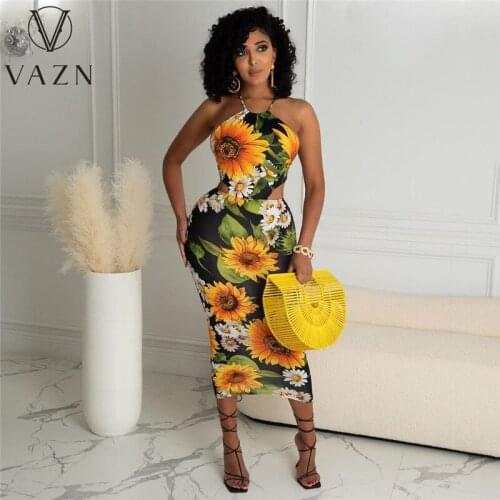VAZN New 2020 Sleeveless Strapless Backless Colorful Sunshine Print Maxi Dresses Sexy Shinny Young Lady Dress