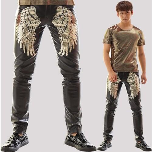 New Men Dance Pants Nightclub Costume Black Leather Trousers Wing Pattern Bar DS GoGo Dancers DJ Costume Stage Costume BL2102
