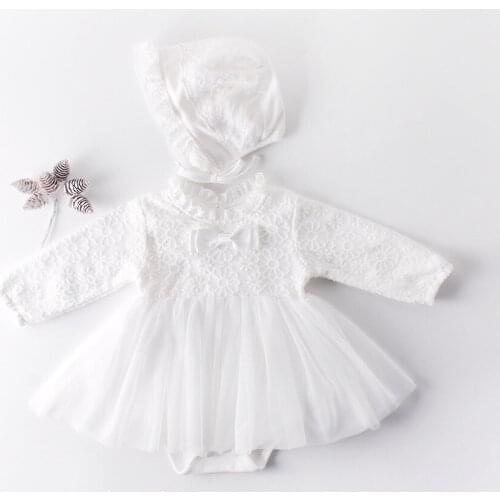 New Fashion Baby Girl Jumpsuit 2 Piece Flower Lace Bow Ruffles Mesh Long Sleeve Romper Dress+hat Wedding Baby Girl Clothes 0-18M