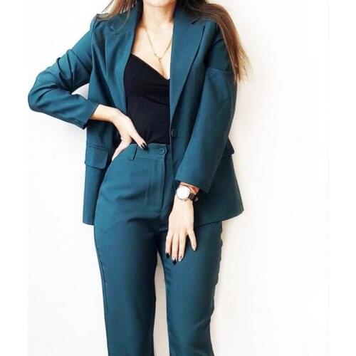 Pure Boy Friend Jacket Nine Length Pants Dark Green Black Elegant Attractive Female Office Lady Women Suit 2 Pieces Pants Set