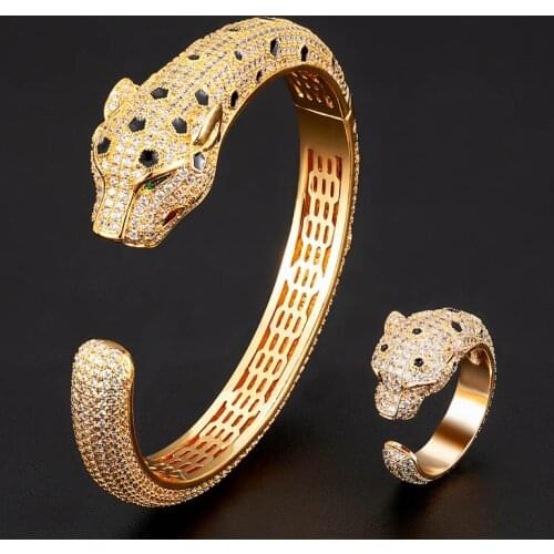 Zlxgirl Luxury brand full around cubic zircon bangle with ring jewelry sets leopard bracelet Dubai Gold bangle ring party gift
