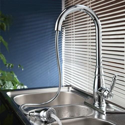 Luxury Chrome brass Single Handle High Arc Kitchen Sink Faucet mixer tap with Pull-Out Sprayer and Swivel Spout