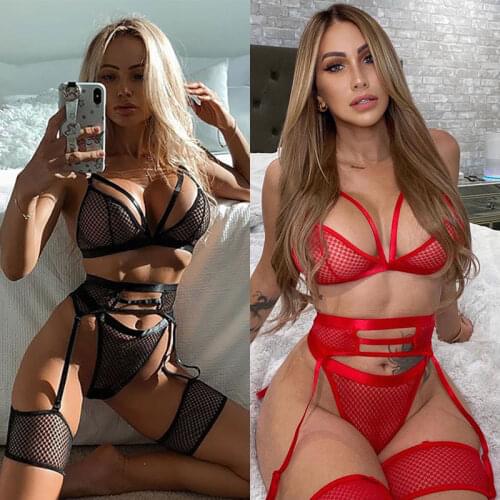 S-3XL Transparent Lingerie Sexy Hot Erotic Bra + Thongs Garters Set Sexy Sleepwear Exotic Underwear Porno Lingerie for Women