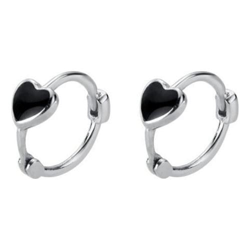 100% Real 925 Sterling Silver Enamel Black Colour Heart Small Hoop Earrings Huggie Hoops for Women Girls Party Fine Jewelry