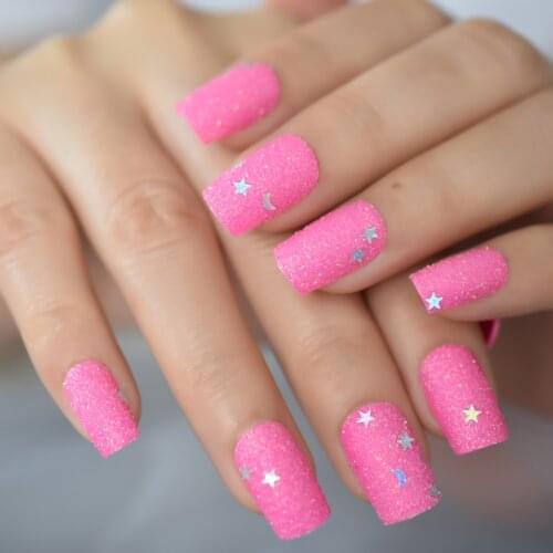 Shimmer Bling Glitter Sand Fake Nails Hot Pink Star Moon Press On False Fingernails Reusable Acrylic Professional Nail Art