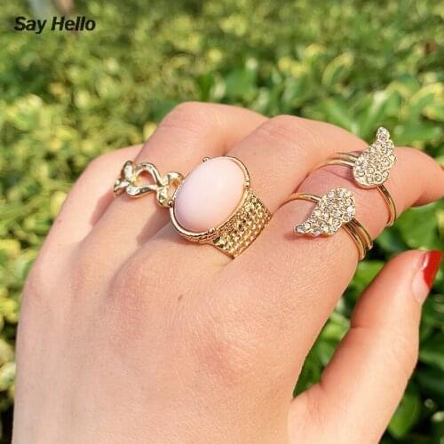 SAY HELLO 4pcs/set Metal Pink Stone Midi Rings Set for Women Female Crystals Rhinestone Finger Knuckle Rings Jewelry Ringe K1106