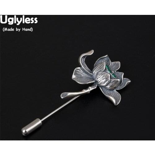 Uglyless 100% Real 925 Sterling Silver Big Size Lotus Brooches for Women Thai Silver Ethnic Long Brooch Zircons Fine Jewelry