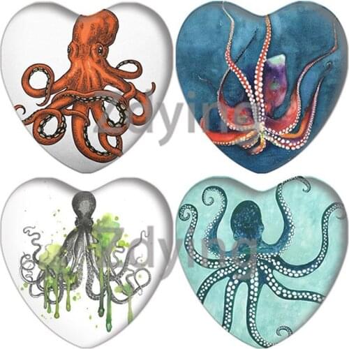 Zdying 25mm Vintage Octopus Fish Art Pattern Heart Shape Glass Cabochon Beads Cameo Charm Settings DIY Jewelry Findings
