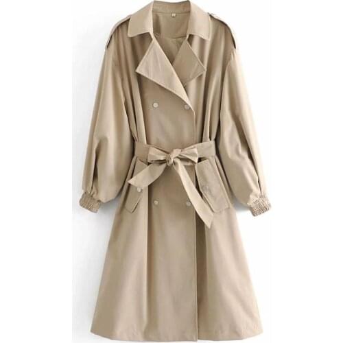 New Pop Autumn Winter Women Long Trench Coat Lapel Collar Long Sleeves with elastic cuffs Belt Casual Women Coats Jackets