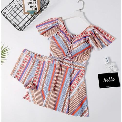 STAERK split flat skirt women short sleeve pink swimsuit Halter Tankini Sets Two Piece Push-Up Bikini Sets With Surfing Short