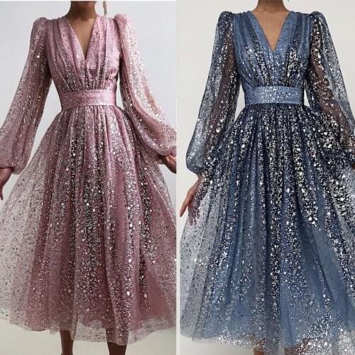 Sequins Summer Women Dress Mesh Tulle V Neck Long Bubble Sleeve Dress Elegant Female Dress Lace Up Evening Dress Midi 2021