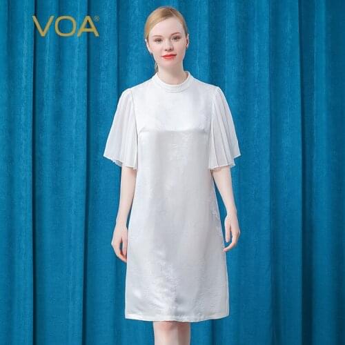 VOA Heavy Silk Satin 32m/m Jacquard Half-height Collar Pleated Stitching Feifei Sleeve Simple Pullover Women Dress AE783