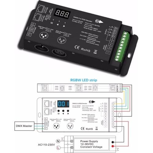 2Pcs 12-36V 4 Channels PWM Constant Voltage DMX Decoder With Digital Display XLR3 and RJ45 port Led DMX512 Decoder Controller