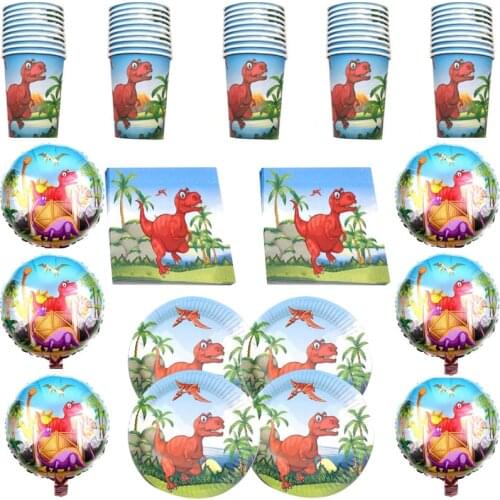 64pcs/lot Birthday Party Dinosaur Theme Kids Favors Tableware Set Plates Cups Glass Dishes Baby Shower Fvoil Balloons Napkins