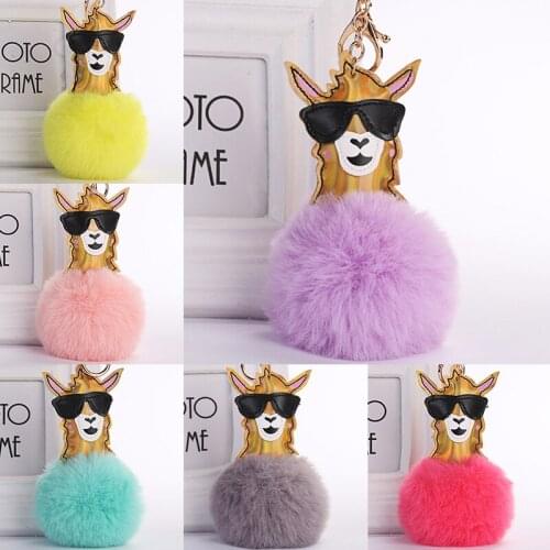 Cute Faux Fur Alpaca Keychain Fluffy Alpaca Key chain Animal Ball Keyring for Women Kids Pompoms Pendant bag Car Key Rings