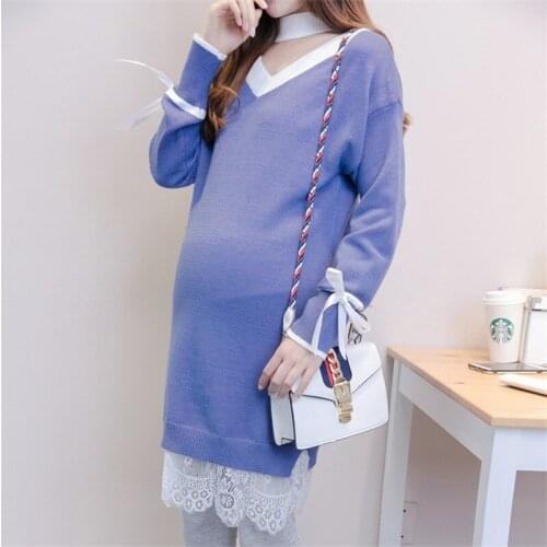 Pregnant Women Long Pullover Winter Knitted Sweater V-neck Contrast Color Casual Maternity Clothings Full Sleeve Knee-Length