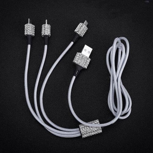 3 In 1 USB Cable Diamond Crystal Car Fast Charging Cable for Android Micro Type-c IPhone Mobile Phone Charger Wire