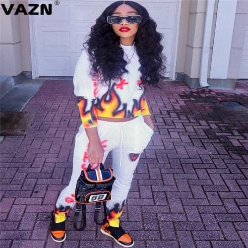 VAZN 2020 Autumn Hot White High Quality Young Casual Regular Daily Full Sleeve Top Long Pants Tracksuits Slim Women 2 Pieces Set