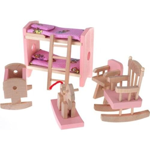 Crib Chair Bed Doll House Furniture Wooden Miniature, Baby Nursery Room Furniture Toys Kids Gift Pink