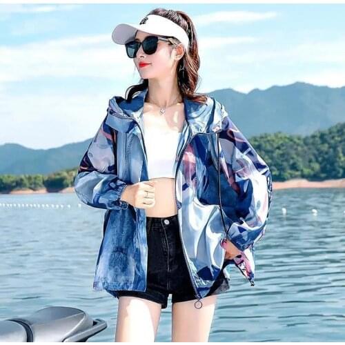 Printed Sunscreen Womens Summer 2021 New Short Thin Coat UV Women jacket Oversize Cardigan Coat Printed Zipper Jacket 860C