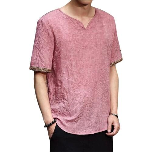 Retro Men Plus Size Linen Rhombus Patchwork Short Sleeve V Neck T-Shirt Top
