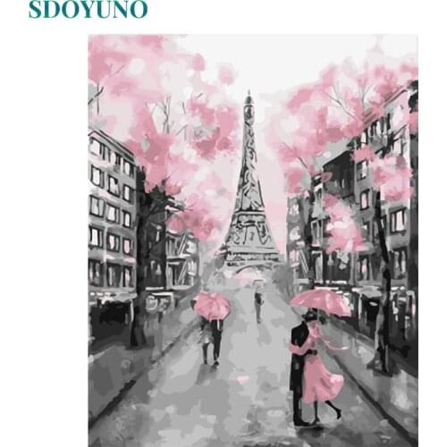 SDOYUNO 60x75cm DIY Oil Painting By Numbers Paris Cherry Blossoms Picture By Numbers On Canvas Frameless Digital painting