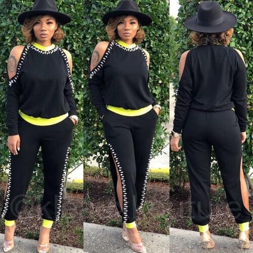 Sexy 2 Piece Sets Womens Club Outfits Hollow Out Cold Shoulder Pearls Sweatshirt Top Side Slit Pants Matching Sets Streetwear