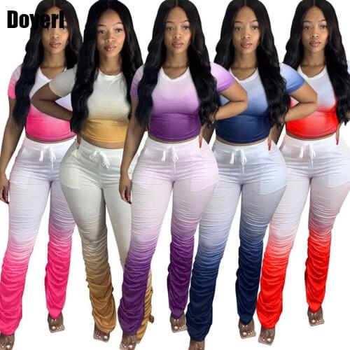 Casual 2 Piece Stacked Pants Set Gradient Crop Top Wholesale Clothing Women Set Summer Plus Size Outfits for Women Two Piece Set