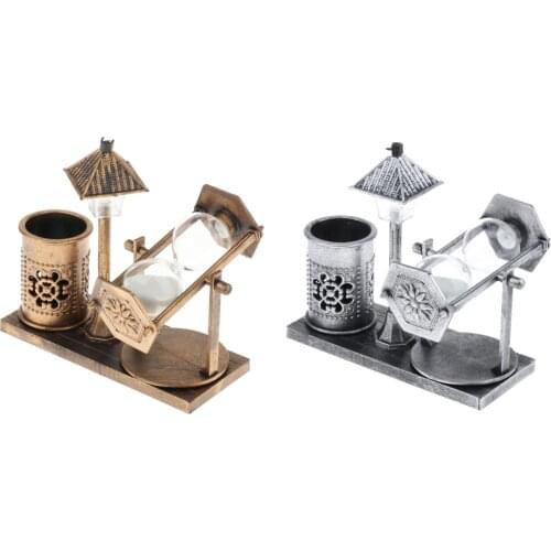 Retro Street Lamp Hourglass Sand Glass Clock Pen Holder Office Desktop Decor