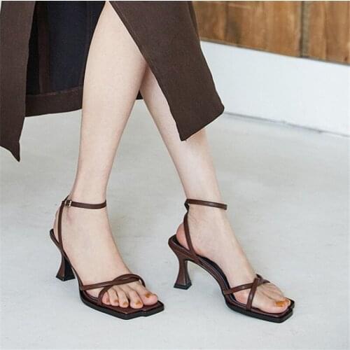 PXELENA Hot Women Real Genuine Leather Sandals Kitten High Heels Ankle Strap Office Lady Party Daily Dress Shoes 2021 Summer 40