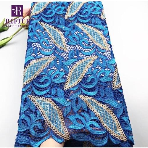 Blue Water Soluble Lace Material With Stones Beads New Style 2019 French Indian Beautiful Flower Embroidery Mesh Tulle Fabrics