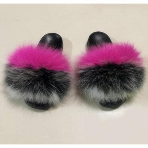 Ladies Fox Hair Slippers Kids/Childrens Raccoon Fur Slides Womens Fluffy Open Toe Sandals Furry Beach Flip Flops Plush Shoes