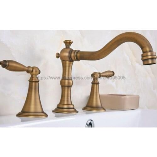 Basin Faucets Antique Brass Deck Mounted Bathroom Sink Faucets 3 Hole Double Handle Hot And Cold Water Tap Ban087