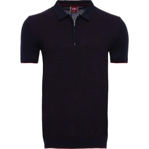 Dark Blue Plaid Zippered Knitted Polo T-Shirt Wessi