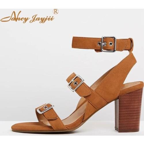 Female Shoes Woman Ladies Sandals Solid Ankle-Wrap Buckle Super High Square heels Basic Mature Elegant Concise Fashion 2019