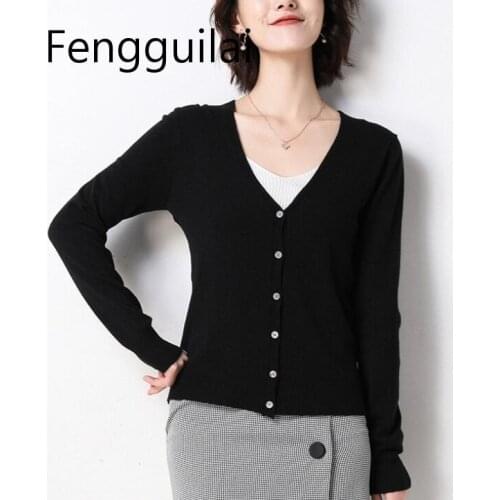 FENGGUILAI Basic Ribbed Cardigan Sweater Women Knitted Cotton V Neck Slim Essential Jumper Long Sleeve Sweaters Black Gray Fall