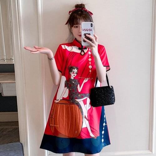 Chinese Style Plus Size Dress For Women Summer Loose Buckle Improved Cheongsam 2021 Young Modern Qipao Retro Dresses Female