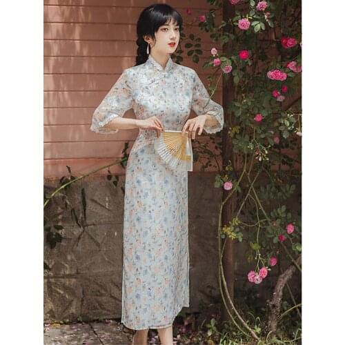 Dresses for Women 2021 Retro Improved Printed Lace Pearl Button Slim Cheongsam Elegant Dress