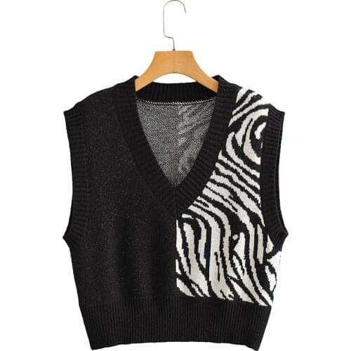 Urifens Pull Femme 2021 Spring Womens Zebra Pattern Patchwork Knitted Sweater Vest V Neck Sleeveless Tank Jumper Female LN19U