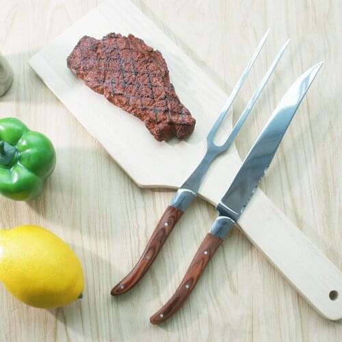 2pcs 11.5'' Stainless Steel Carving Knife Japanese Steak Cutlery Straight Metal Fork Set Wood Handle Kitchen Dinnerware Sets