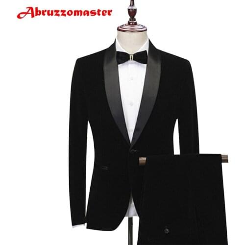 Velvet Man Suit Velvet Groom Tuxedos Shawl Lapel Groomsman Suit Custom Made Wedding Suit Tailor Suit Blazer (Jacket+pants)