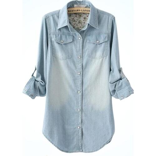 Large Size S-XXXL Jeans Clothing Womens Cotton Denim Shirt Women Long Design Loose Long-sleeve Shirt Plus Size Blouse Feminina