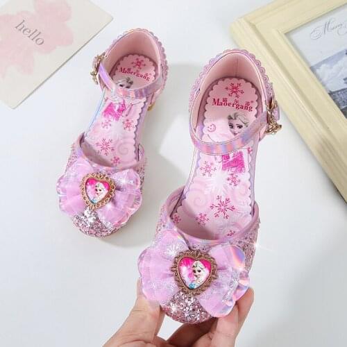 Disney Frozen Summer Bowtie Girls Sandals Children Glitter High Heel Sandals Princess Party Shoes Kids Fashion Rhinestone Shoes